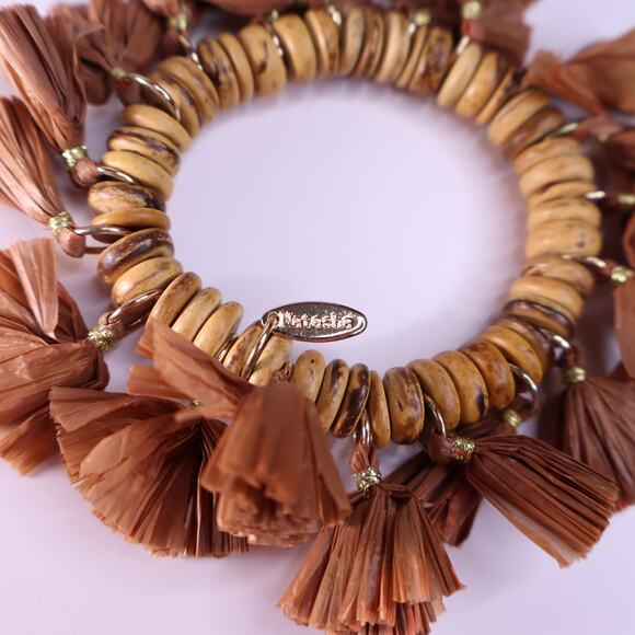 NATASHA Set of Raffia Tassel Elastic Bracelet Brown - Picture 3 of 3